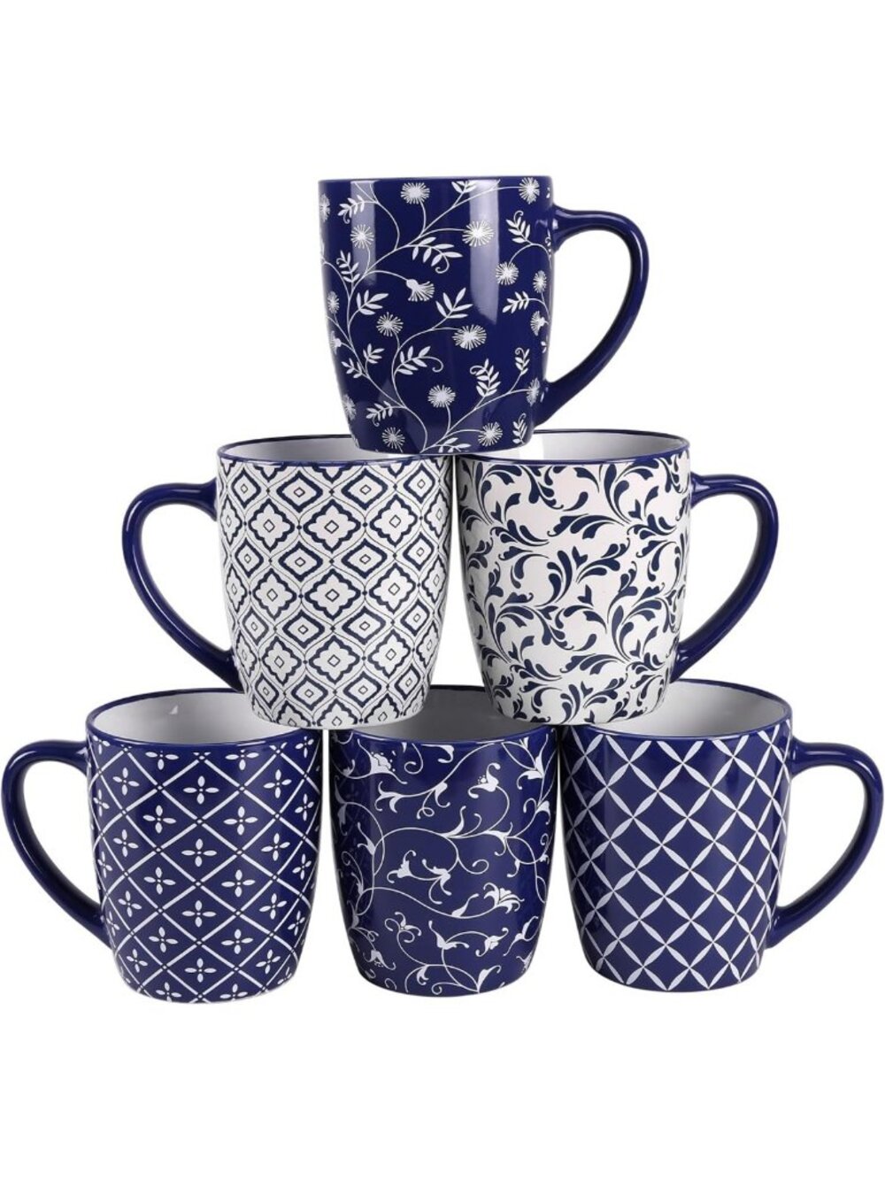 Set of 6 Geometric 18 OZ Porcelain Coffee Mugs - Stylish Large Cups for Home